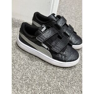 Puma Smash v2 Glitter Toddler Shoes Black Silver Size 9C